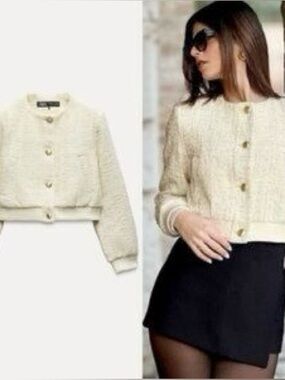 Zara Cream Cropped Teddy Jacket with Gold Buttons